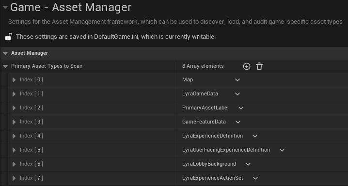 Screenshot of the asset manager settings in project settings.