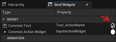 Bind Widgets panel showing a checkmark next to the Common Text property.