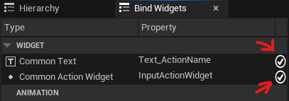Bind Widgets panel showing a checkmark next to the Common Text property and the Common Action Widget property.