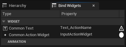 Bind Widgets panel showing a Common Text property named Text_ActionName is required, and a Common Action Widget property named InputActionWidget is optional.