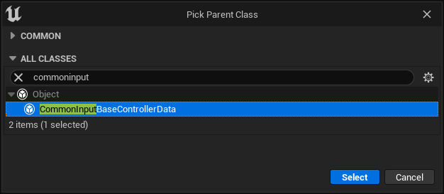 New Blueprint dialog with the Common Input Base Controller Data selected as the parent class
