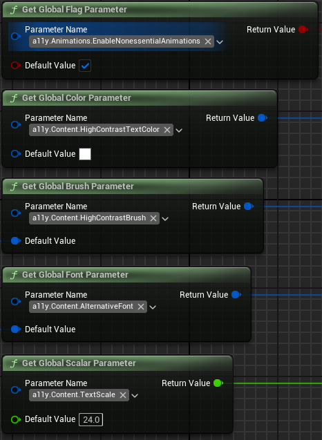 Pure Blueprint nodes for getting the value from global flag, color, brush, font, and scalar parameters.
