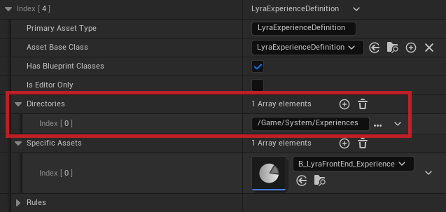 Screenshot of the asset manager settings for Lyra Experience Definition showing only one directory that's scanned.