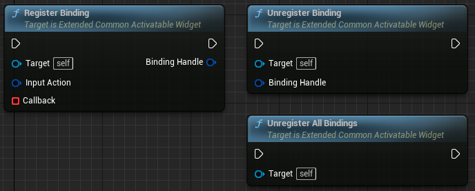 Screenshot of custom Blueprint functions: Register Binding, Unregister Binding, and Unregister All Bindings