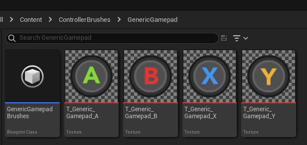 Content browser for a folder containing a Common Input Base Controller Data asset named Generic Gamepad Brushes and a texture representing each one of the four face buttons of a gamepad.