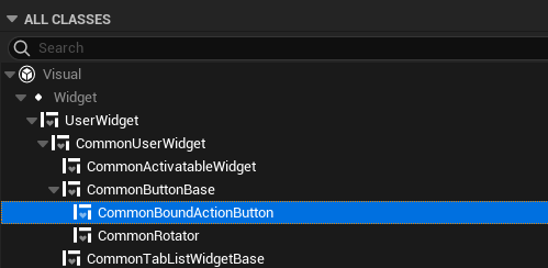 A screenshot showing that CommonBoundActionButton is selected as the widget blueprint's parent class