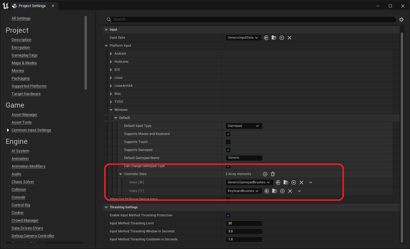 Common Input Settings in Project Settings showing the Controller Data array with one entry pointing to Generic Gamepad Brushes asset and another pointing to Keyboard Brushes asset.