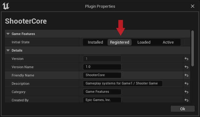 Screenshot of ShooterCore game feature plugin in Lyra with the initial state set to registered.