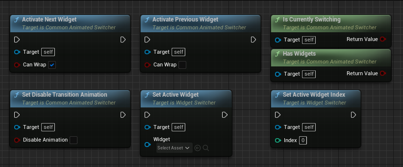 Screenshot of a collection of Blueprint nodes in clockwise order starting from top left: Activate Next Widget, Activate Previous Widget, Is Currently Switching, Has Widgets, Set Active Widget Index, Set Active Widget, and Set Disable Transition Animation.