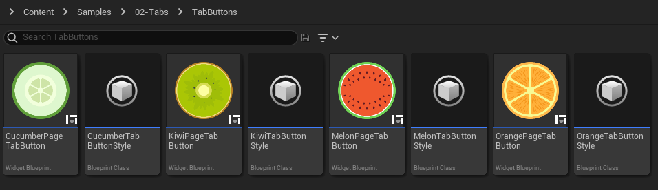 A tab button widget and style for each tab in my demo: Cucumber, Kiwi, Melon, and Orange