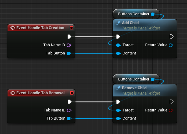 Screenshot of the implementation of the overriden Handle Tab Removal and Handle Tab Creation functions in Blueprints. The Event Handle Tab Creation node is linked to Add Child node, and the Event Handle Tab Removal node is linked to Remove Child node. For both nodes, the Target pin is linked to the container widget. The Content pin is linked to the event's Tab Button pin.