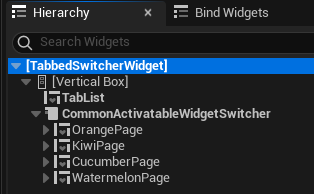 Screenshot of a widget hierarchy showing a Vertical Box with two children: a tab list and a Common Activatable Widget Switcher
